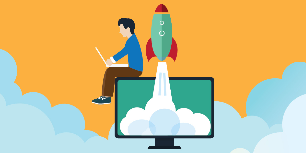 a man sitting on top of a cloud with a laptop and a rocket gliding out of the laptop's screen.