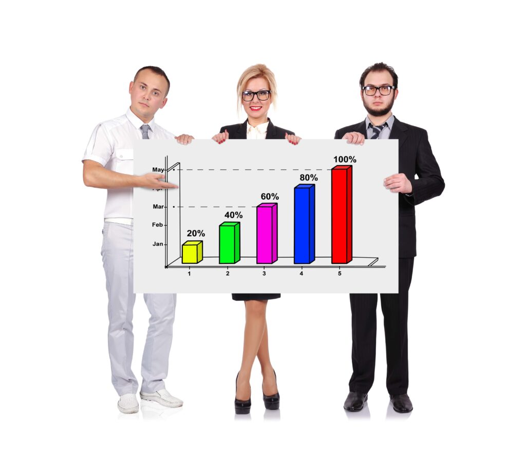 Three business people holding a graphical success chart