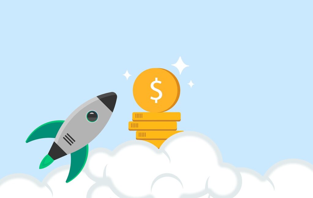 a rocket flying through the clouds with a dollar coin on top