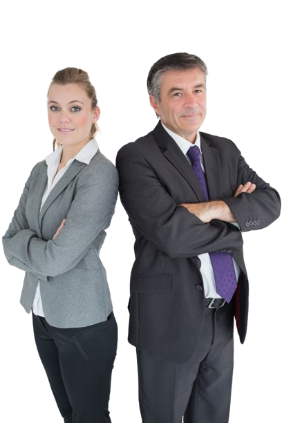 Two business people smiling and looking at the camera