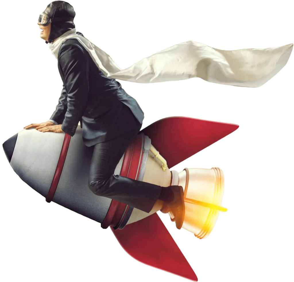 The image depicts a person wearing a suit riding a rocket