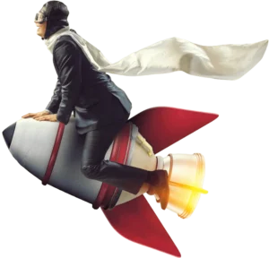 The image depicts a person wearing a suit riding a rocket