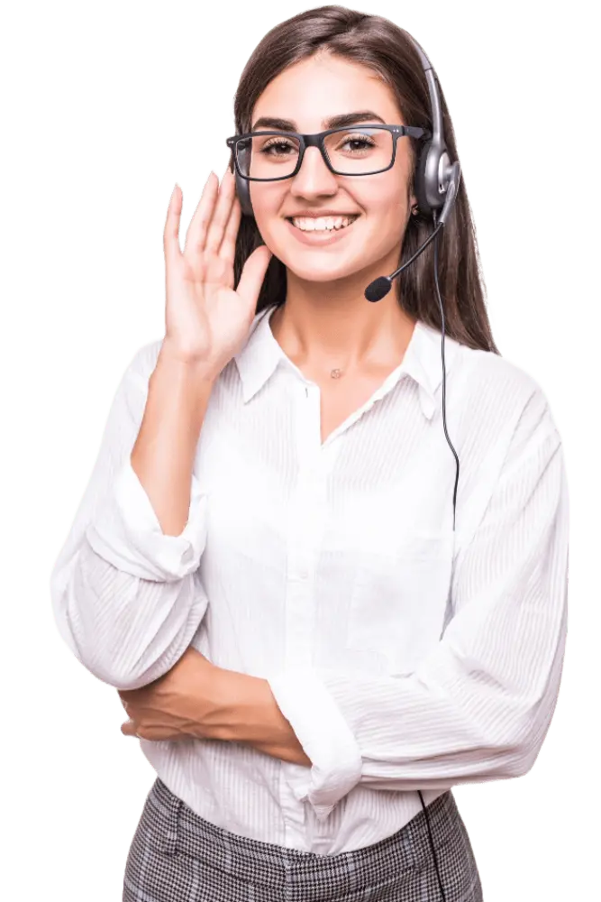 A woman smiling with her headset on